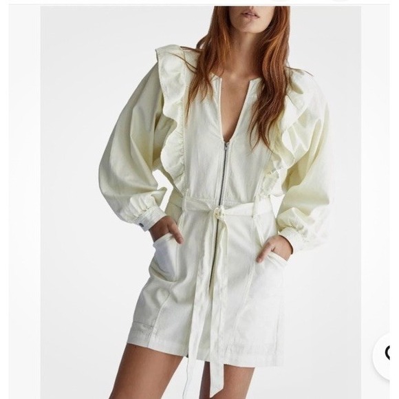 Free People Dresses & Skirts - Free People Imogene Cream Denim Ruffle Mini Jacket Dress With Pockets ‎ Small